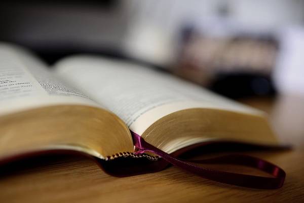 Quelle: https://pixabay.com/de/photos/buchen-bibel-buchseiten-lesen-7952213/ Das Foto zeigt eine aufgeschlagene Bibel, die auf einem Holztisch liegt. Der Hintergrund ist verschwommen.